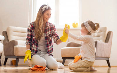 mother and daughter cleaning
