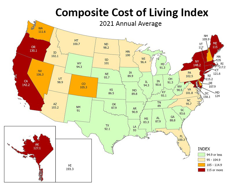 Alt-Text: cost of living index map for united states