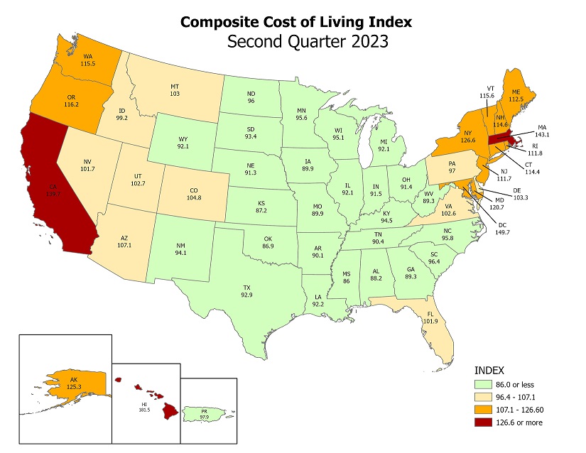 A map of the U.S. color-coded to indicate the cost of living index by state.