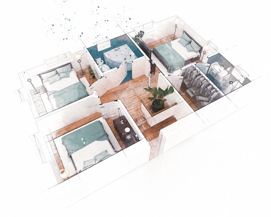 A 3D model of a white house with colorful furniture and hardwood floors.