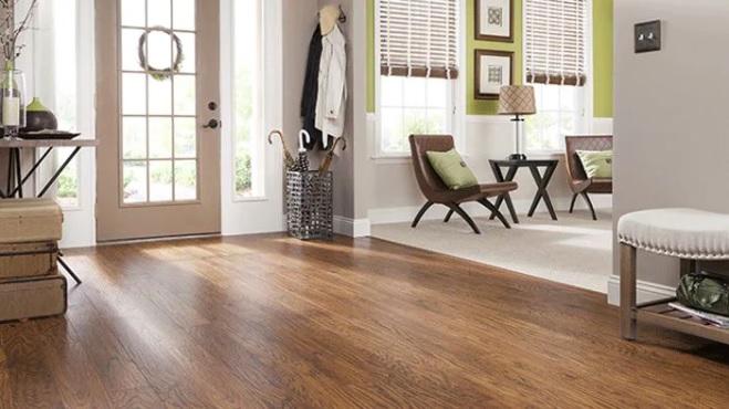 Home entryway with laminate flooring.