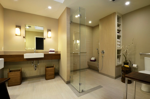 Bathroom built with curbless show and other universal design principles.