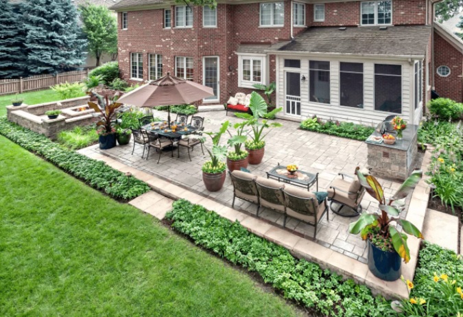 Backyard with defined outdoor living spaces.