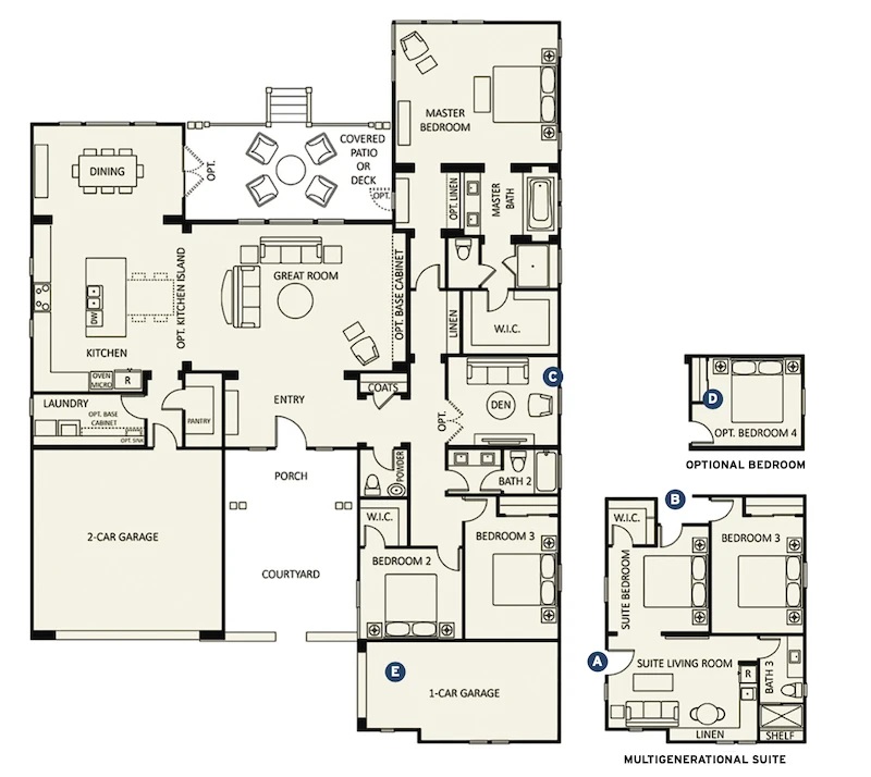 Multi-generational home floor plan example with options like additional bedrooms and a “multigenerational suite.”