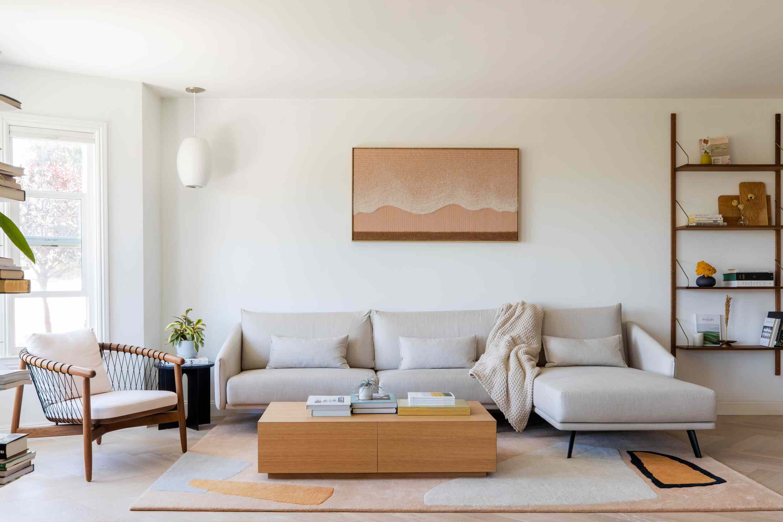 Living room with a minimalist design aesthetic.