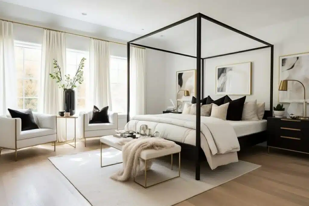 Bedroom with black, white, and gray throw pillows on the bed and chairs