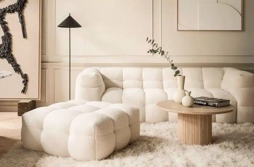 Unique tufted cream-colored sofa 
