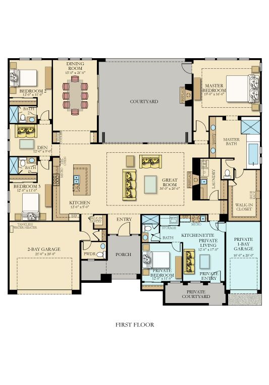 Multigenerational home floor plan that includes a separate in-law suite with kitchenette