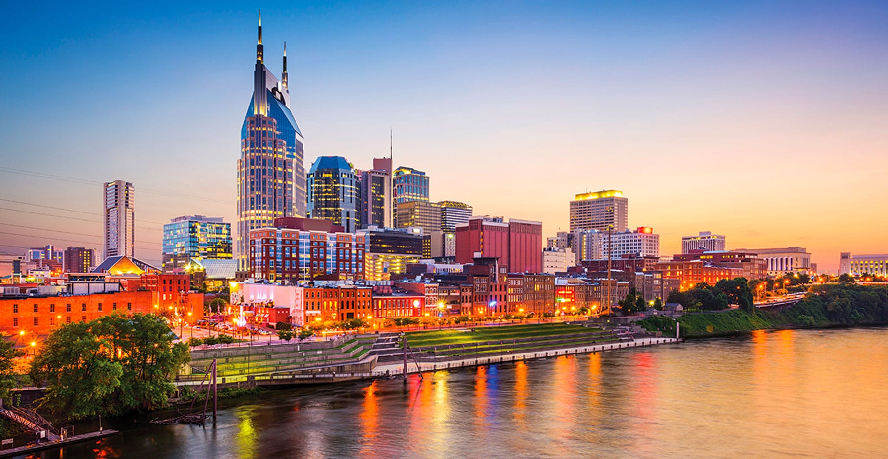 Nashville, TN skyline at sunset.