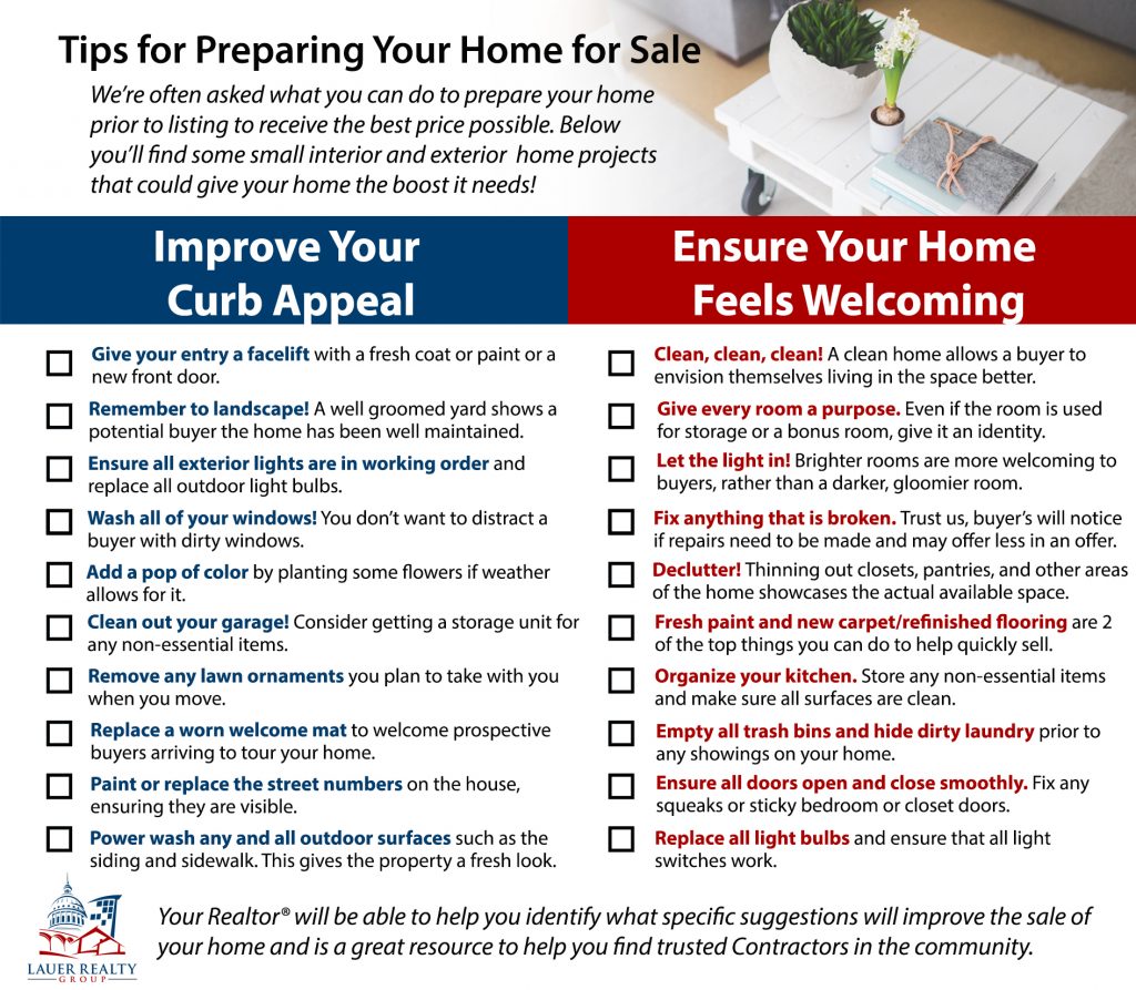 List of tips for preparing your home for sale.