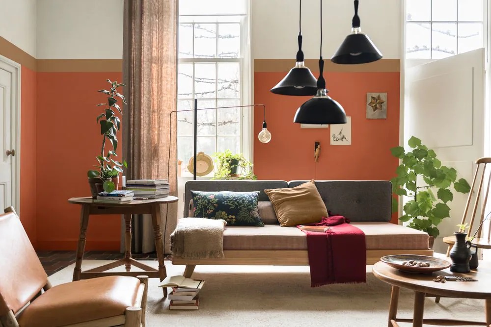 Terracotta orange living room walls.
