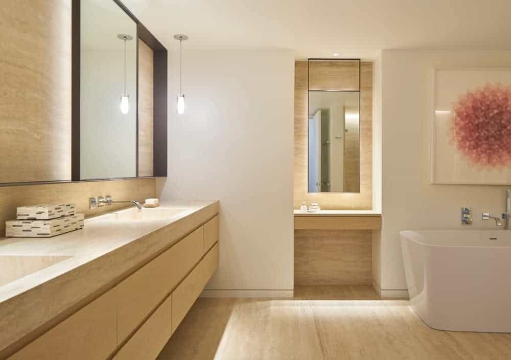 Minimalist bathroom with beige color theme