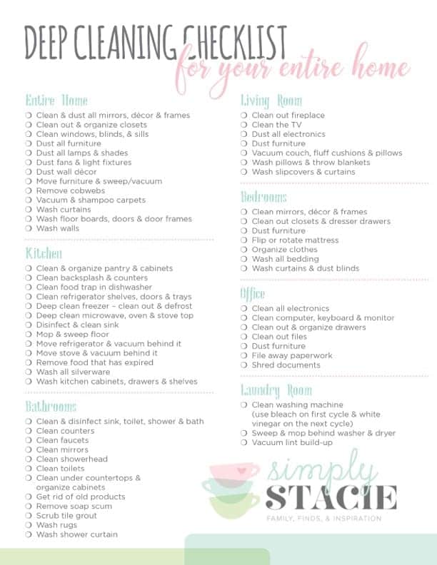 Deep cleaning checklist for every room.