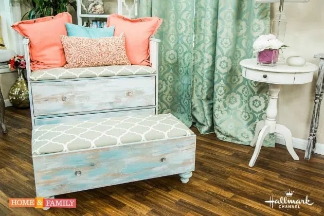 Dresser and drawers repurposed as a chair and ottoman.