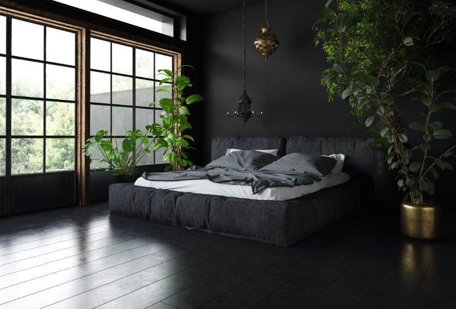 Cozy, dark bedroom with black walls