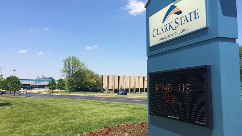 Sign at the driveway entrance of Clark State College.