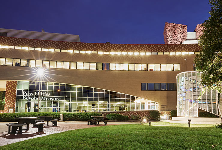 Night time view of a building on the Columbus State Community College campus.