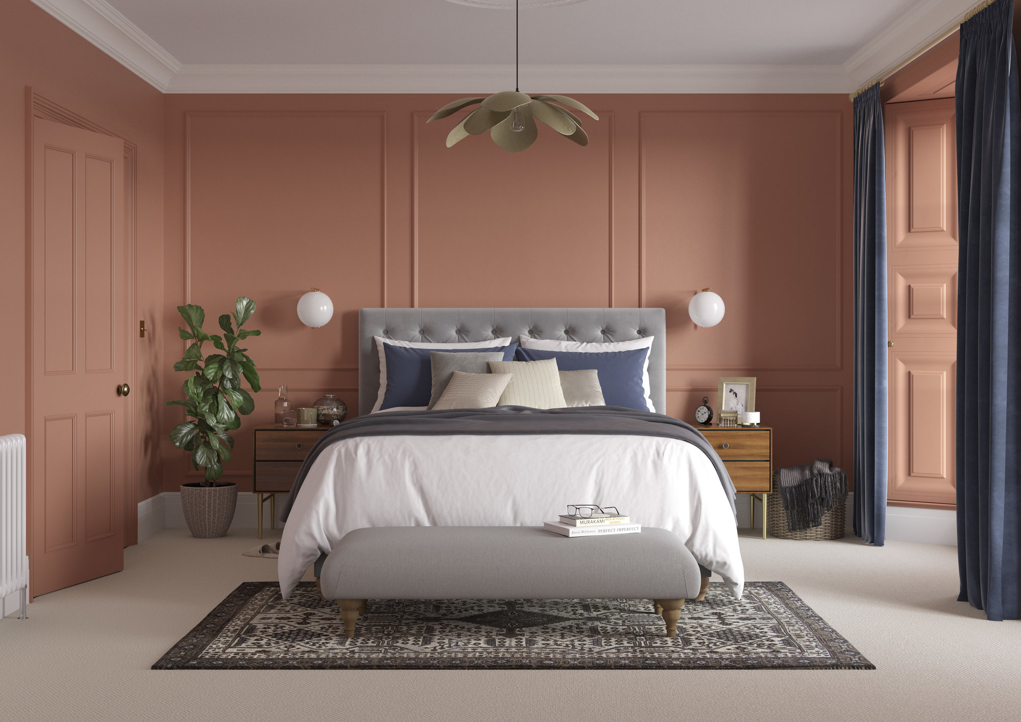 Spacious bedroom with Terracotta walls