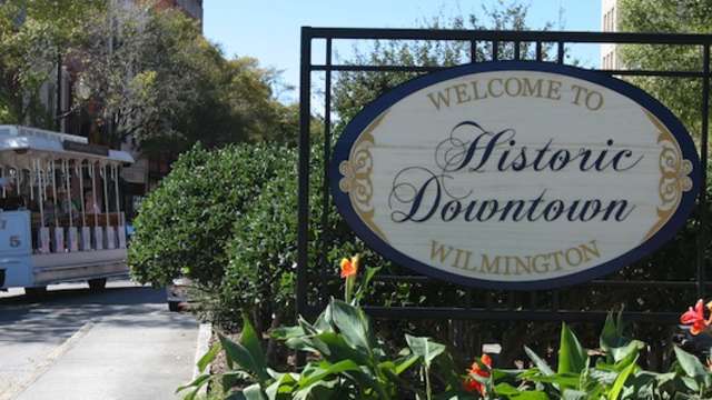 Welcome sign in downtown Wilmington, Delaware.