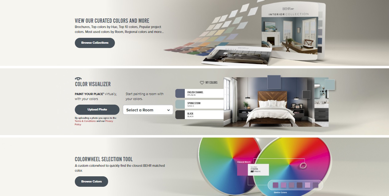 Main menu of Behr’s paint visualizer tool, including curated colors, visualization options, and a color wheel selection tool.