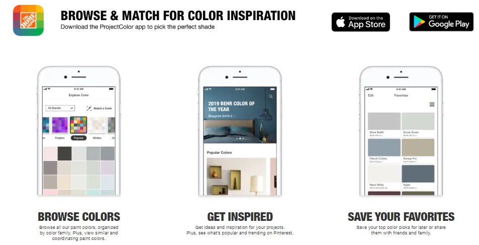 The Home Depot Color App menu with selections to browse colors, get inspired, and save favorite projects.