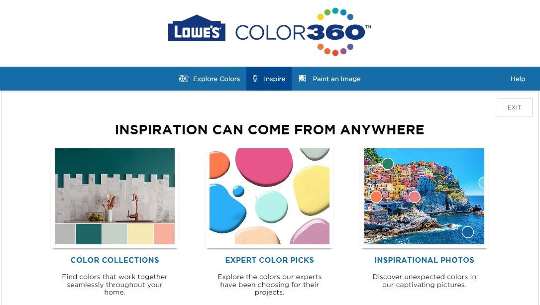 Lowe’s Color360 menu with color collections, expert color picks, and inspiration photos.