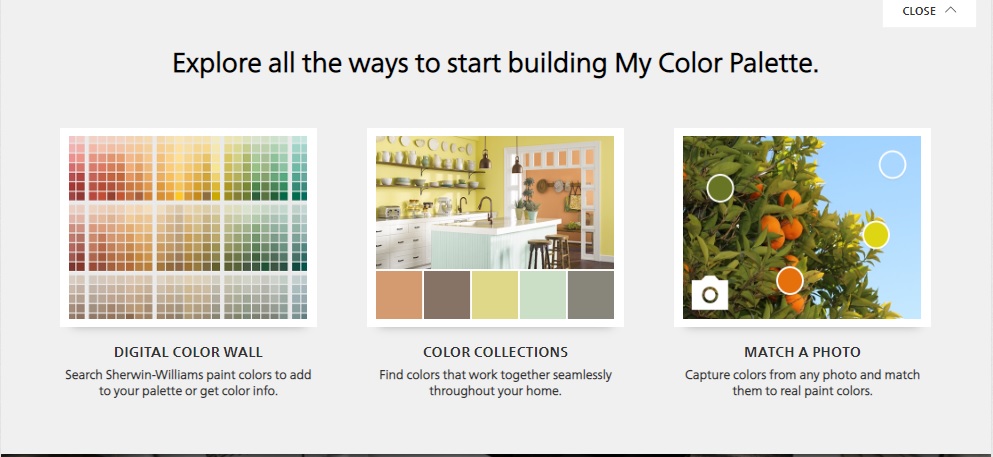 Menu page of the Sherwin Williams paint visualizer that includes a digital color wall, color collections, and a photo match tool.