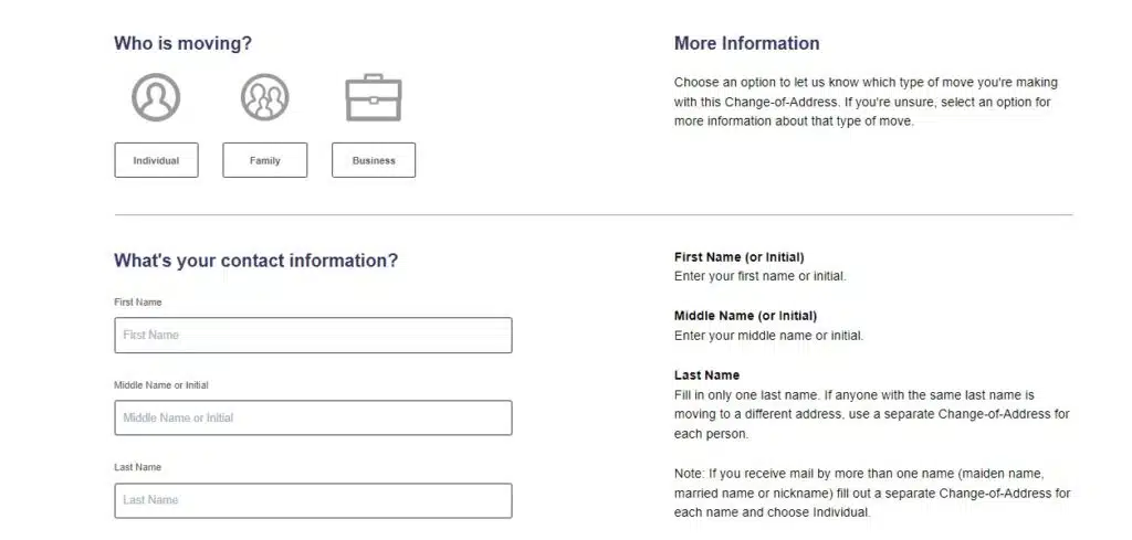 A webpage with blank fields where visitors can input their contact information to change an address.