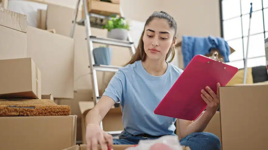 A young woman sits with boxes and a checklist for moving into a new construction home.