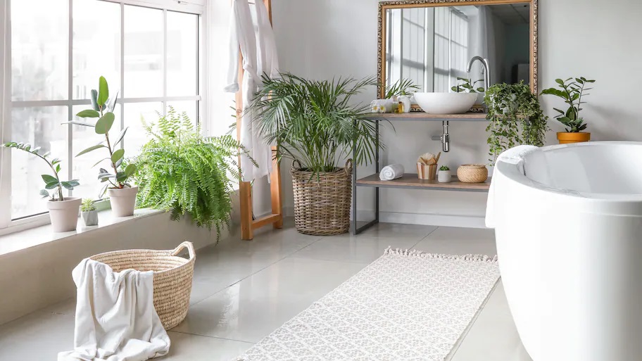 Bathroom with lots of natural greenery in the windows and around vanities.