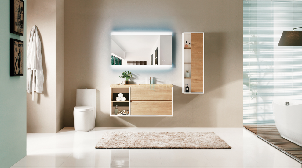 LED mirror adds a modern look to minimalist bathroom design.