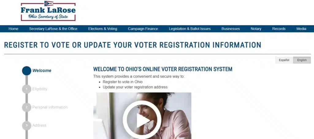A screenshot of a webpage for registering to vote in Ohio.