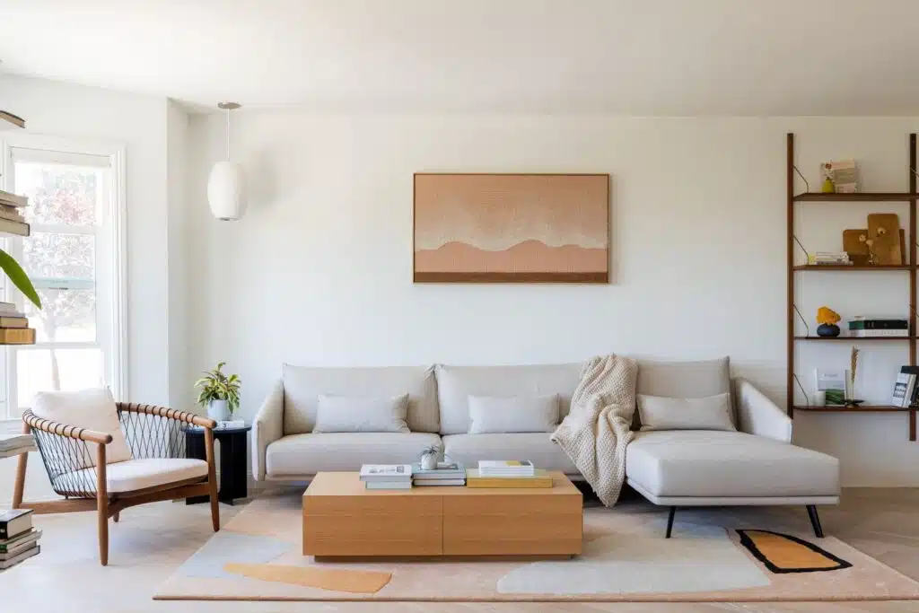 Minimalist living room with a peaceful and luxurious feel.