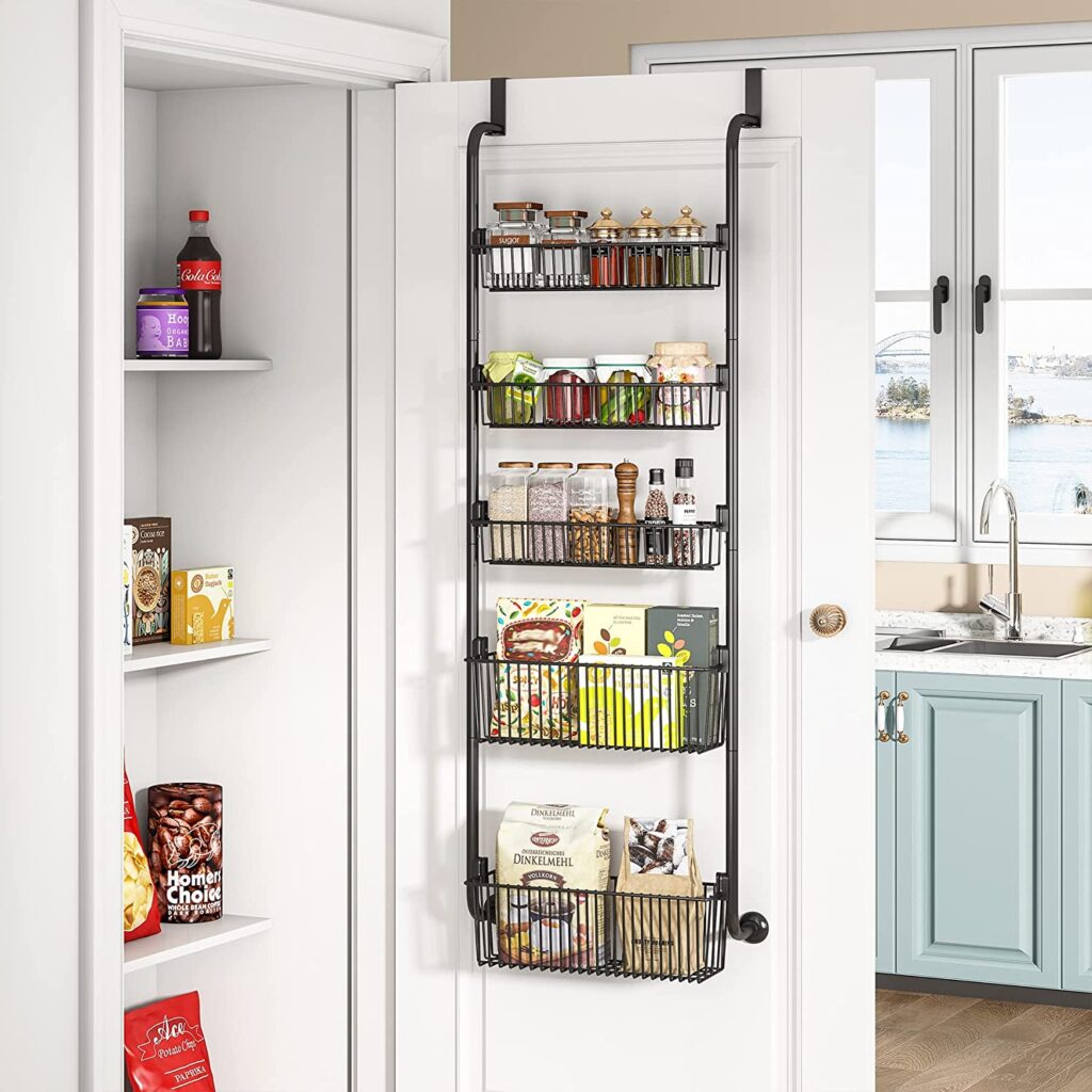 Vertical shelving attachment creates more usable storage space in a home pantry.