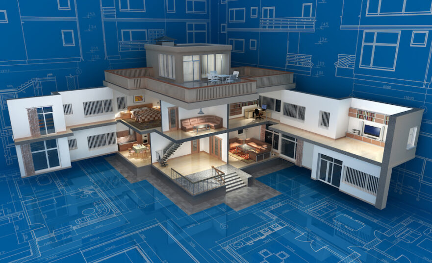 3D model of a two-story house with functional home design blueprints in the background.