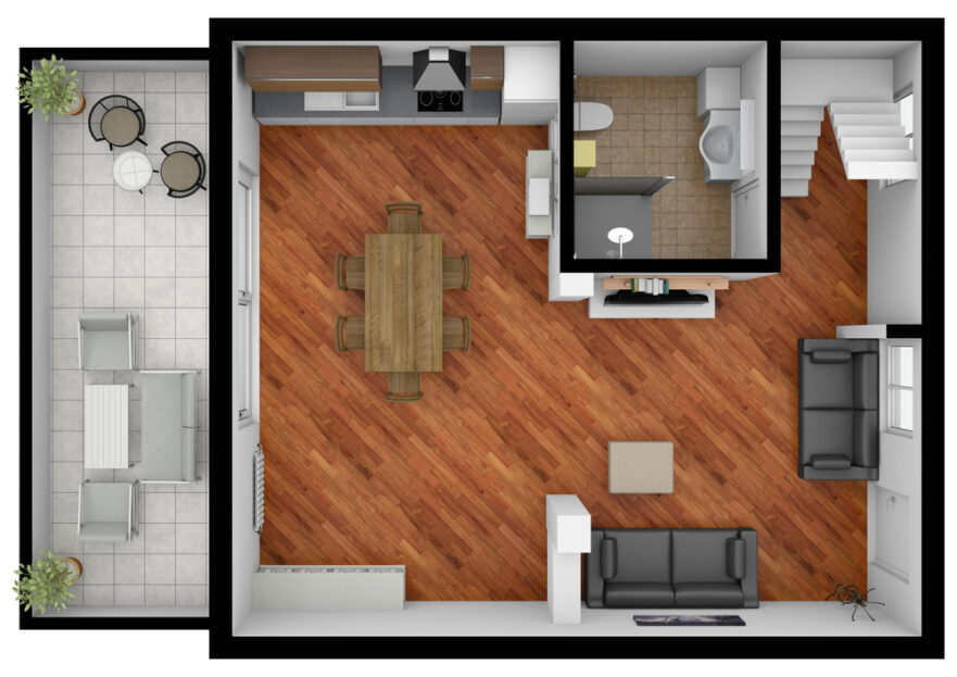 A 3D model of an open-concept floor plan with furniture and an outdoor area.