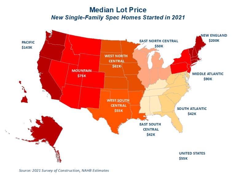 A color-coded map of the U.S. showing the median cost of land lots in various regions.