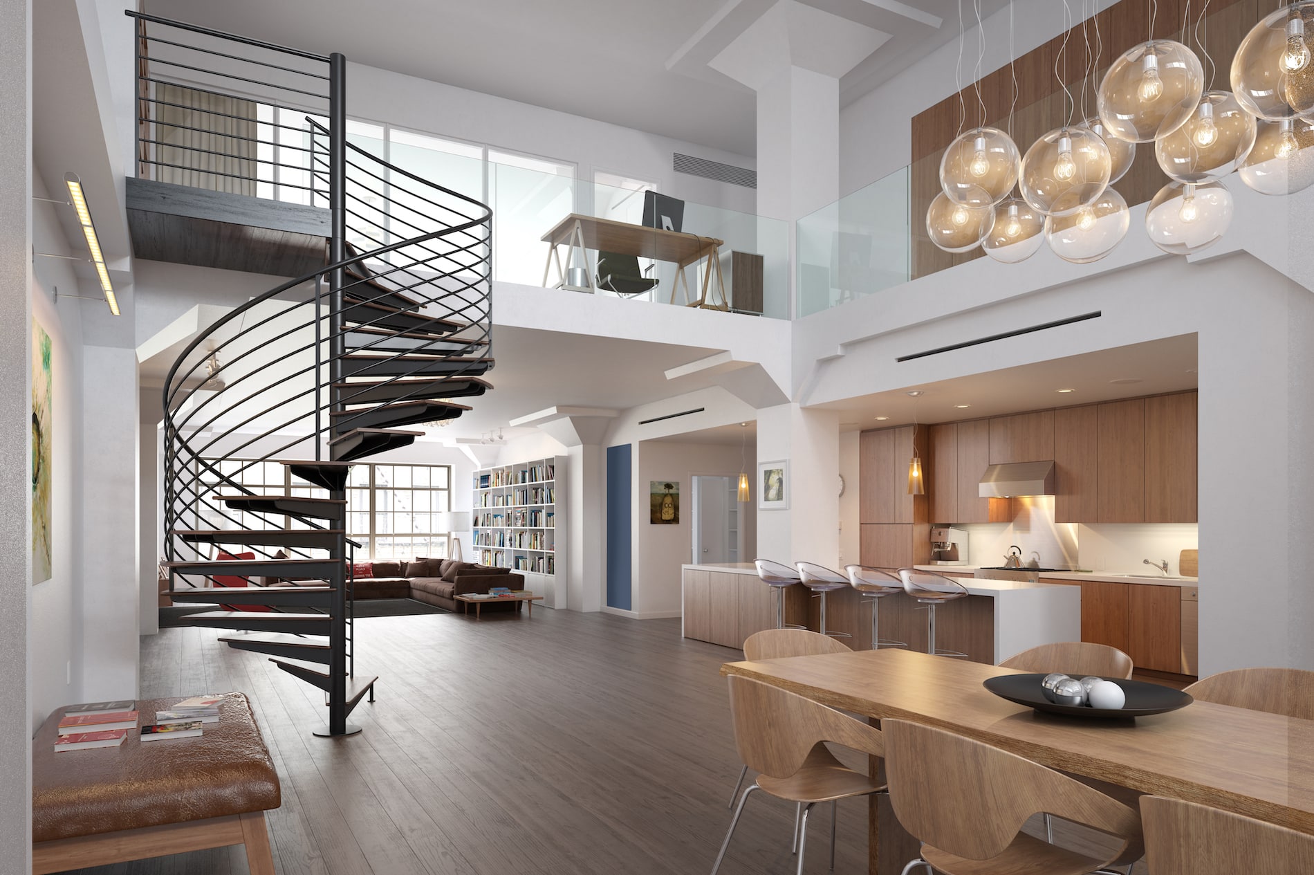 An open-concept home with furniture, a staircase, and work-oriented loft space ideas.