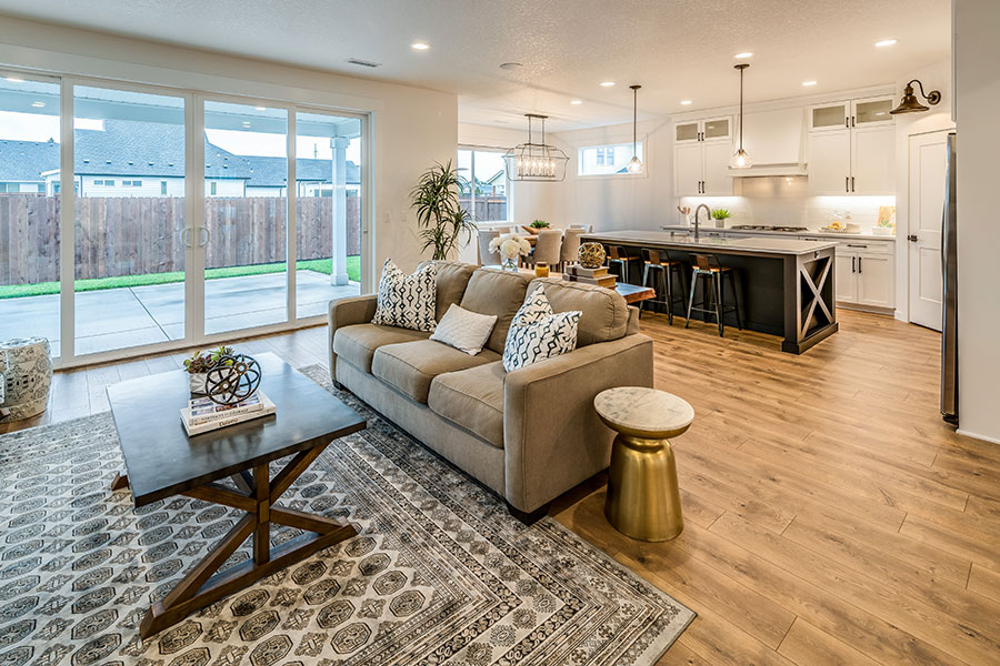 Open concept kitchen, dining, and living area